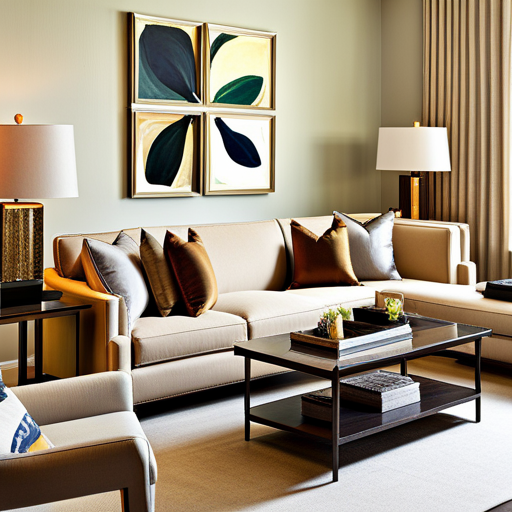 An image showcasing a sophisticated living room with tan décor