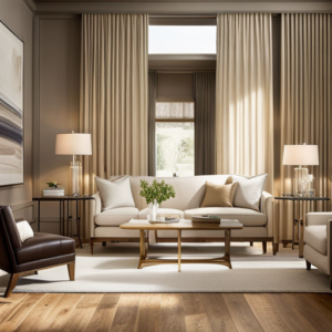 An image capturing the essence of Tan Cribs, showcasing a cozy living room with warm sandy walls, plush taupe sofas adorned with soft beige pillows, and delicate sunlight streaming through sheer ivory curtains
