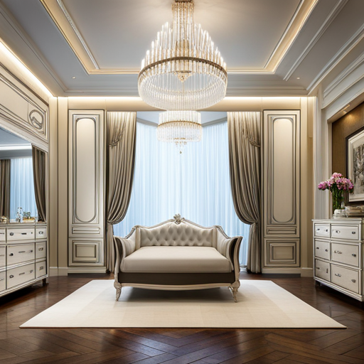  Create an image that showcases a serene bedroom adorned with a plush tan crib, exuding opulence and tranquility