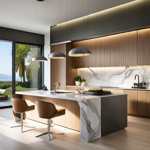 An image capturing a sleek, modern kitchen with tan accents: a marble-topped island bathed in warm sunlight, complemented by tan leather barstools, and a chic tan backsplash that adds depth and sophistication to the space