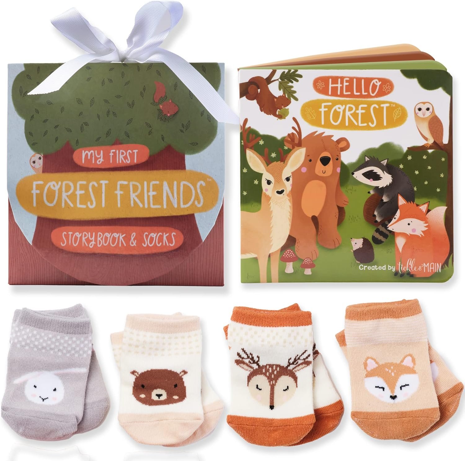 Tickle  Main Forest Friends 5-Piece Gift Set for Infants 0-12 Months, Includes Storybook and 4 Pairs of Animal Socks Woodland Baby Shower Gifts for Girls Baby Shower Gifts for Boys