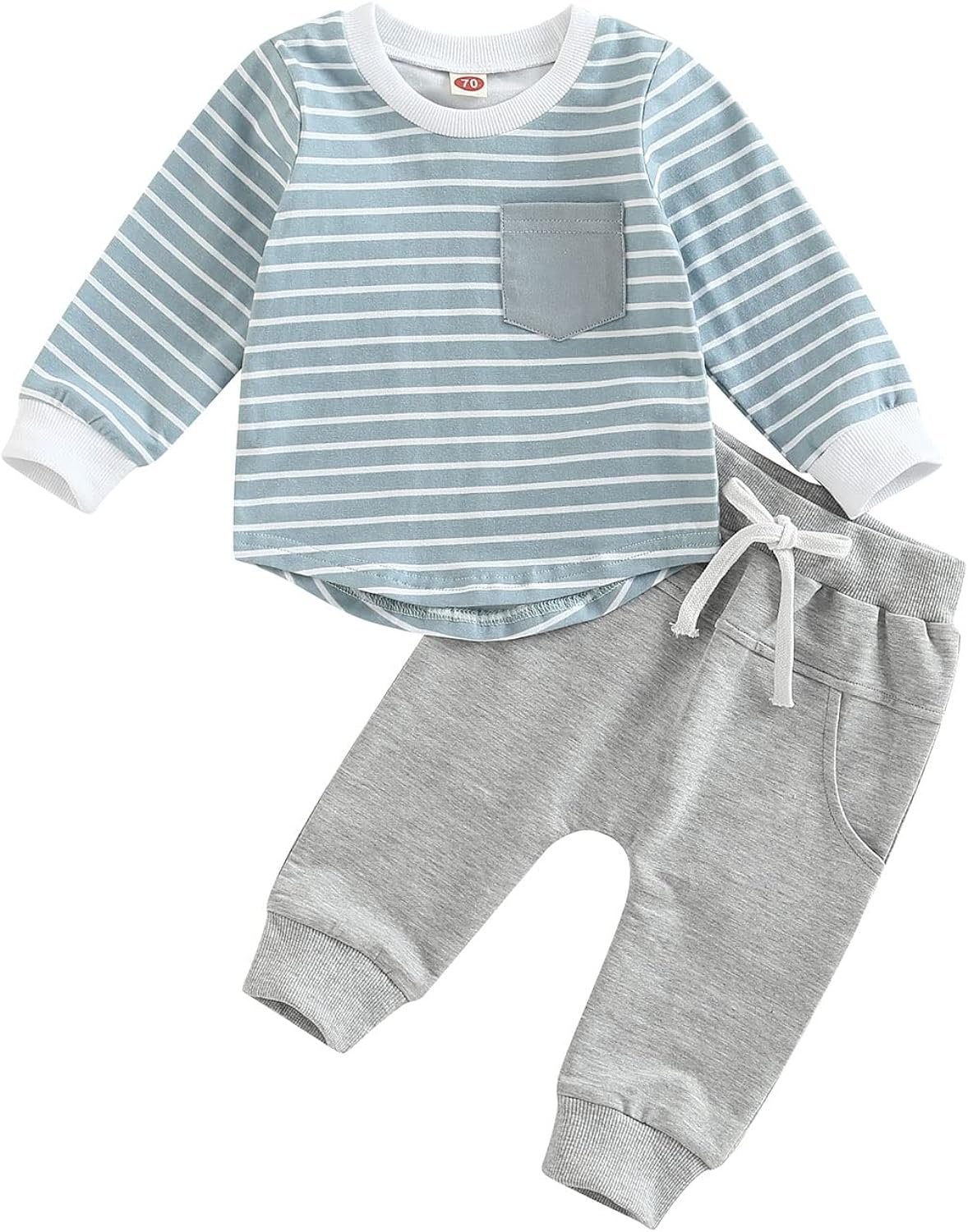 Toddler Baby Boy Clothes Long Sleeve Striped Crewneck T-Shirt Top + Solid Drawstring Pants Set Infant Fall Outfits