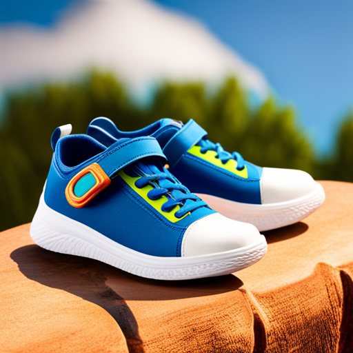 An image featuring a pair of vibrant, velcro-strapped toddler shoes in size 8