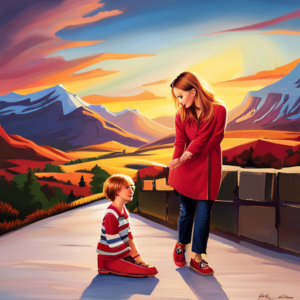 An image showcasing a pair of vibrant red toddler shoes (size 9c), adorned with playful cartoon characters and featuring adjustable velcro straps