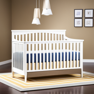 An image showcasing a sleek, convertible Walmart 4 in 1 crib, elegantly transforming from a sturdy crib to a stylish toddler bed, daybed, and full-size bed with adjustable mattress heights and storage options