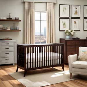 An image capturing the elegance of a Walmart Convertible Crib, showcasing its sleek wooden frame, adjustable mattress height, and versatile design that effortlessly transforms from a crib to a toddler bed, without the need for words