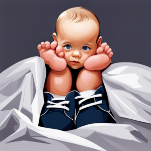 An image showcasing a baby's tiny feet resting on a soft blanket, with a pair of adorable shoes placed nearby