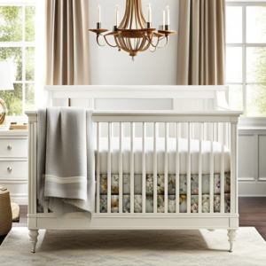 An image showcasing a pristine white Pottery Barn crib adorned with delicate, handcrafted details