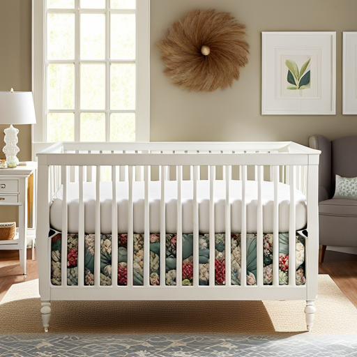 An image capturing the serene elegance of a White Pottery Barn Crib, showcasing its craftsmanship, safety features, and adjustable mattress heights