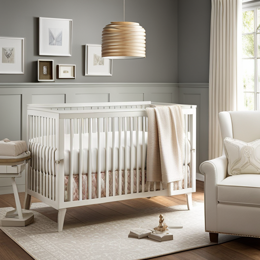 An image showcasing a serene nursery with a pristine white Pottery Barn crib, adorned with a soft and elegant white Pottery Barn crib bedding set