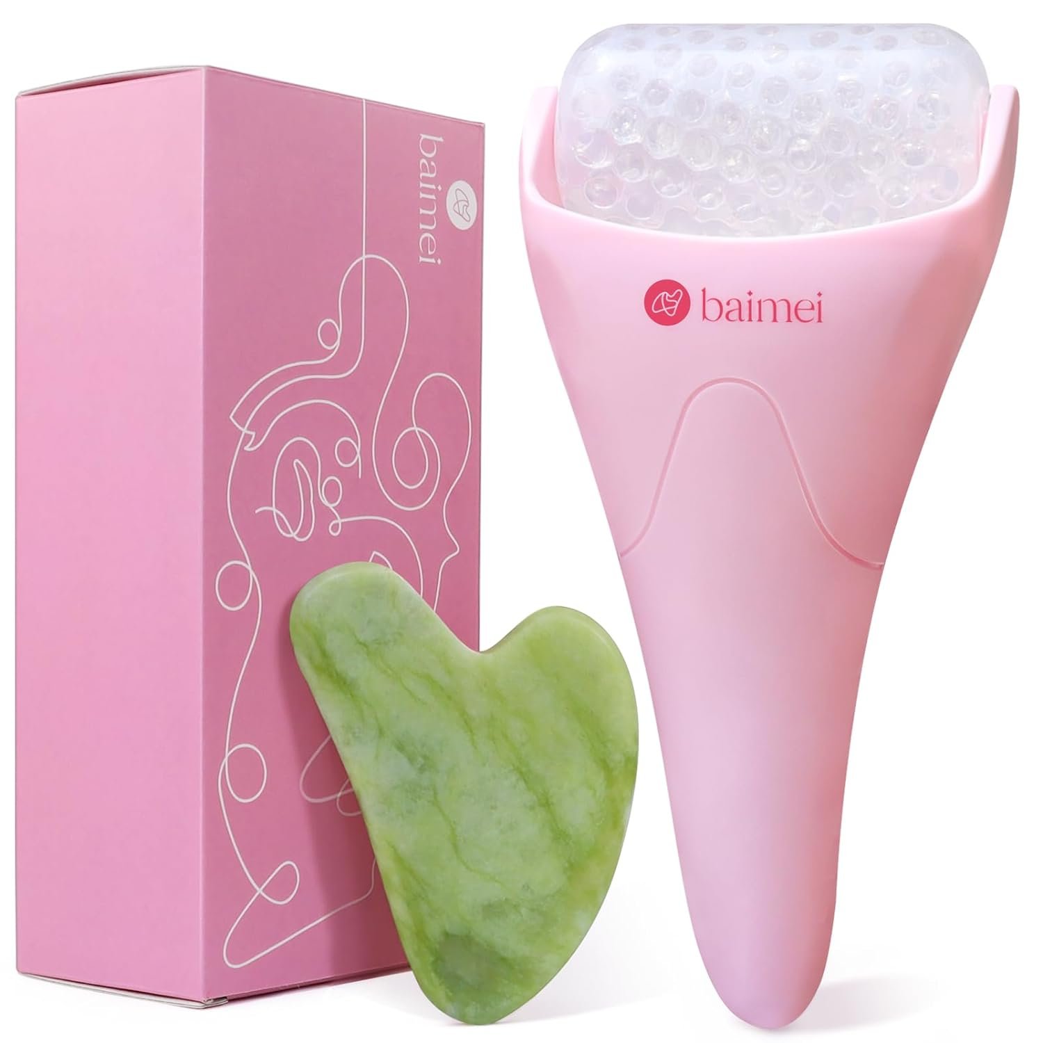 BAIMEI Ice Roller and Gua Sha Facial Tools, Skin Care Tools for face Reduces Puffiness Migraine Pain Relief, Self Care Gift for Men Women - Pink