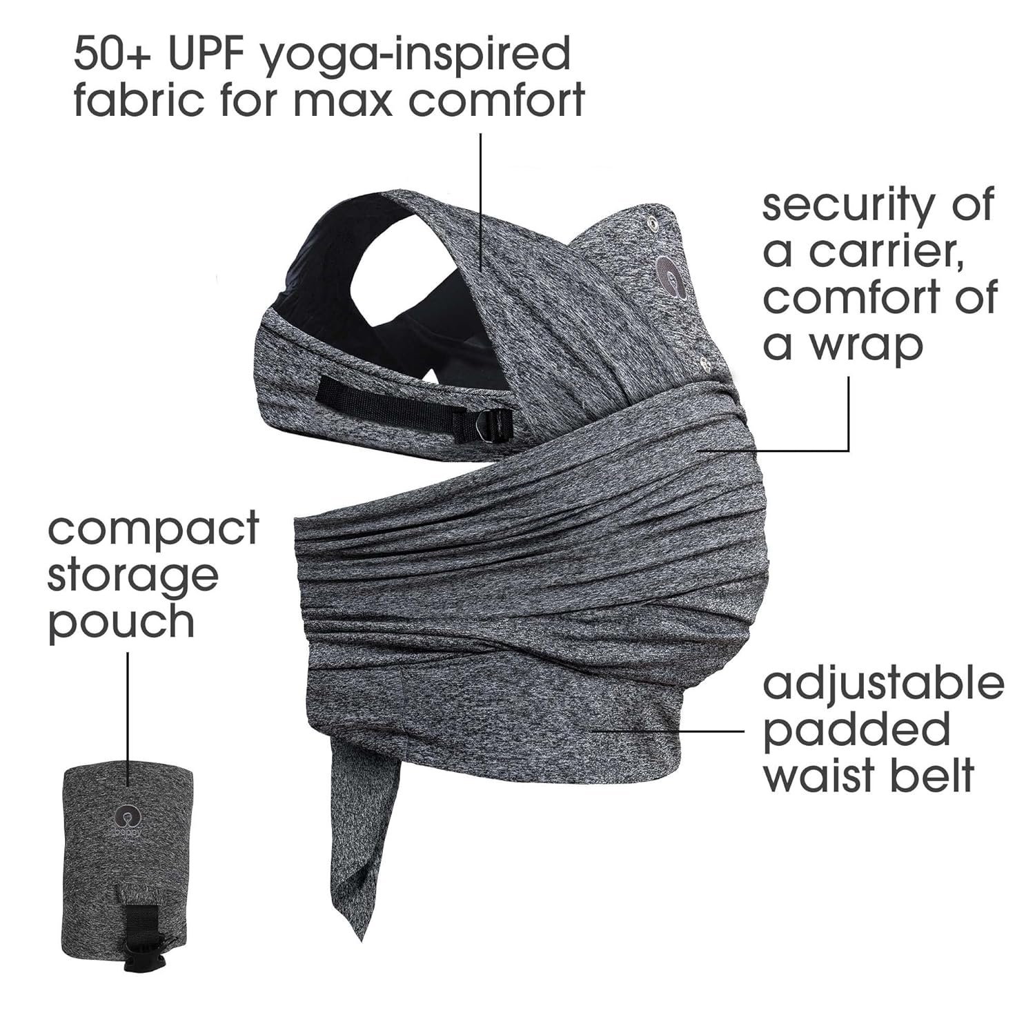 Boppy Baby Carrier- Adjustable ComfyFit, Heathered Gray, Hybrid Wrap with New Arm Straps to Fit More Bodies, 3 Carrying Positions, 0m+ 8-35lbs, Soft Yoga-Inspired Fabric Storage Pouch