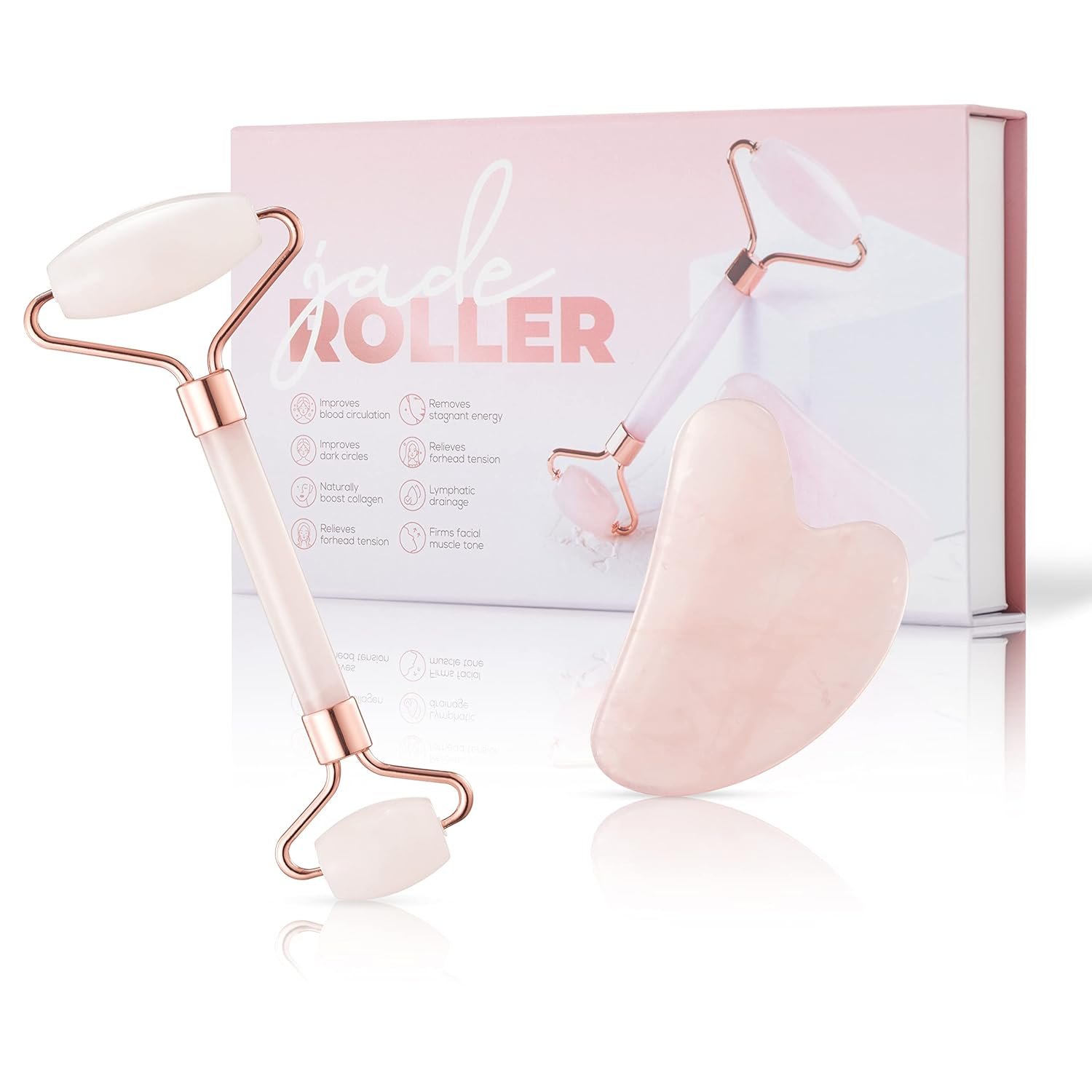 BRÜUN Jade Roller and Gua Sha Kit Genuine Rose Quartz for Face and Neck Massage – A Skin Care Roller for Facial Beauty – A Unique Gift Set for Women and girls on Birthday and Wedding