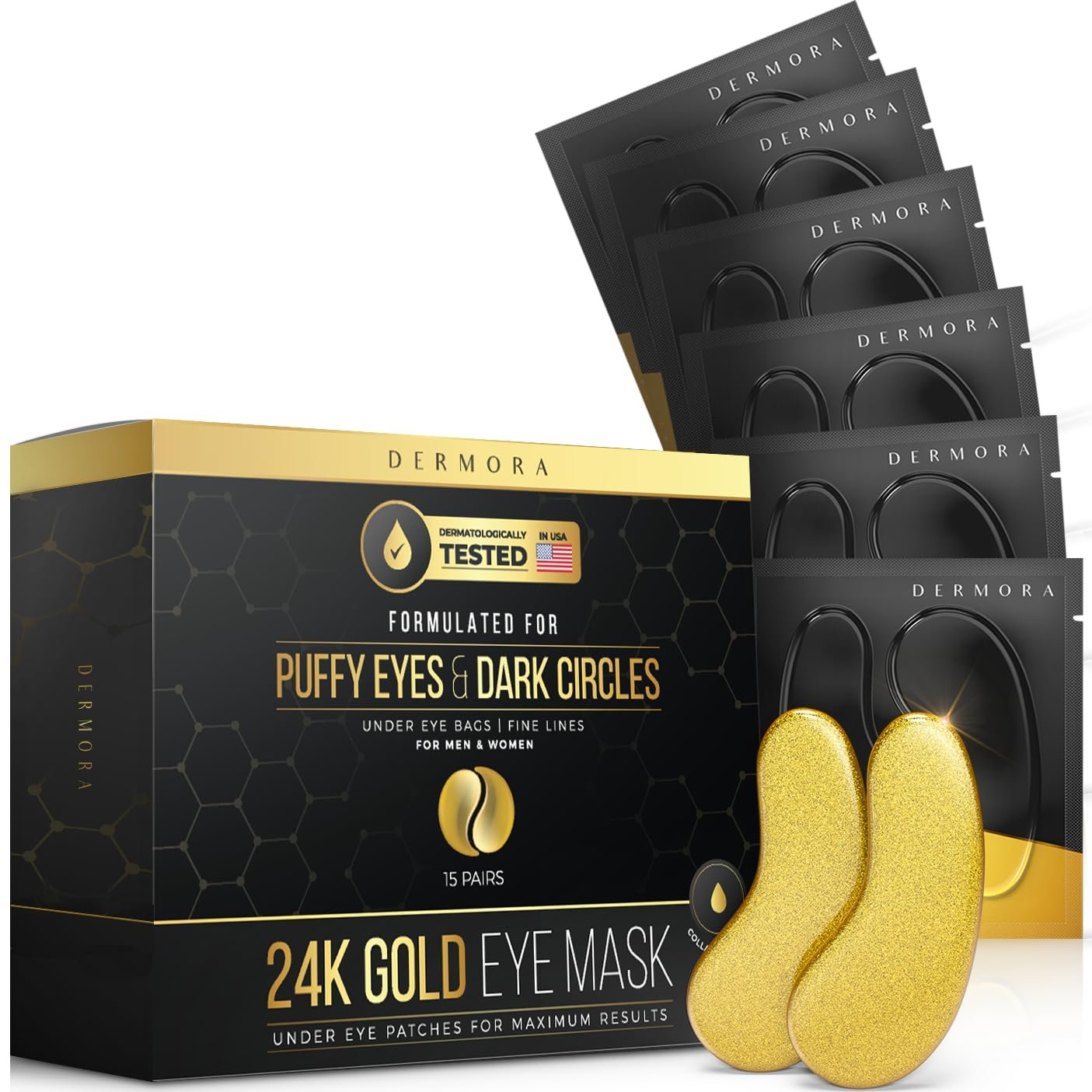 DERMORA Golden Glow Under Eye Patches (15 Pairs Eye Gels) - Rejuvenating Treatment for Dark Circles, Puffiness, Refreshing ,Revitalizing, Travel, Wrinkles