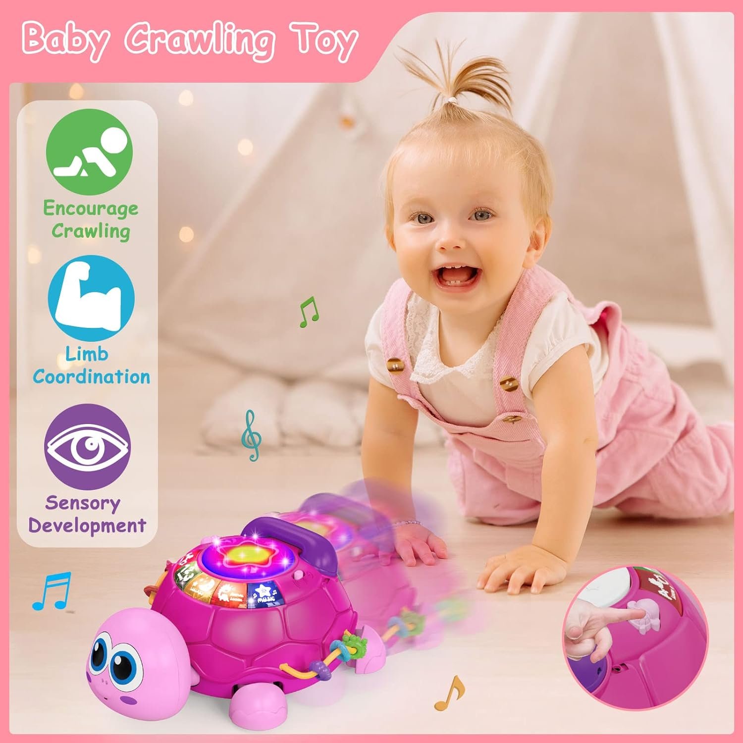 Hanayo Baby Toys 6 to 12 Months，Musical Turtle Crawling Baby Girl Toys for 12-18 Months，Infant Early Learning Educational Toy，Baby Girl Gift Essentials for Newborn 7 8 9 11+ Months 1-2 Year Old(Pink)