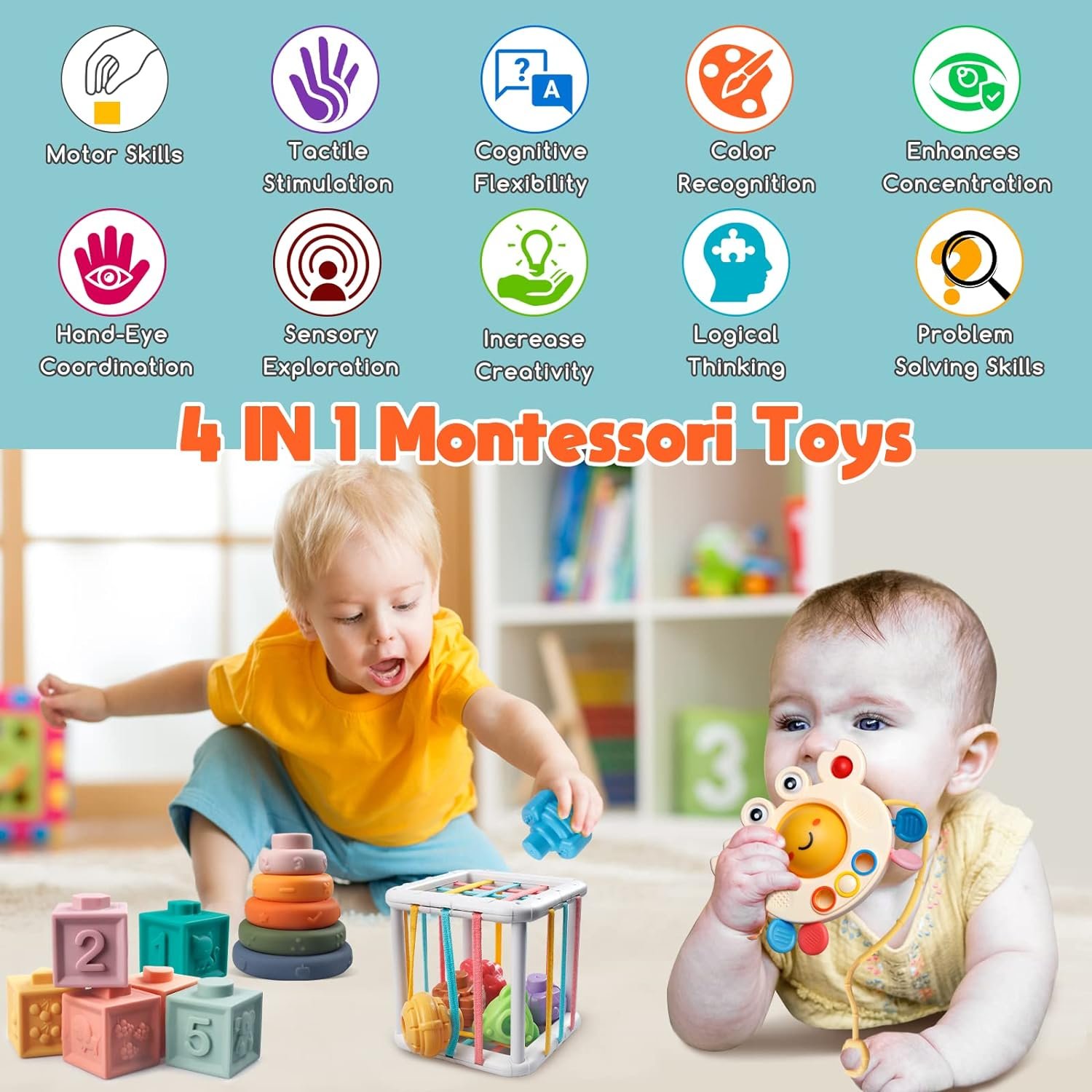 Montessori Baby Toys for Ages 6-18 Months - Pull String Teether, Stacking Blocks, Sensory Shapes  Colorful Storage Bin, Infant Bath Time Fun, 4 in 1 Toddlers Toy Gifts for 1 2 3 Year Old Boys Girls