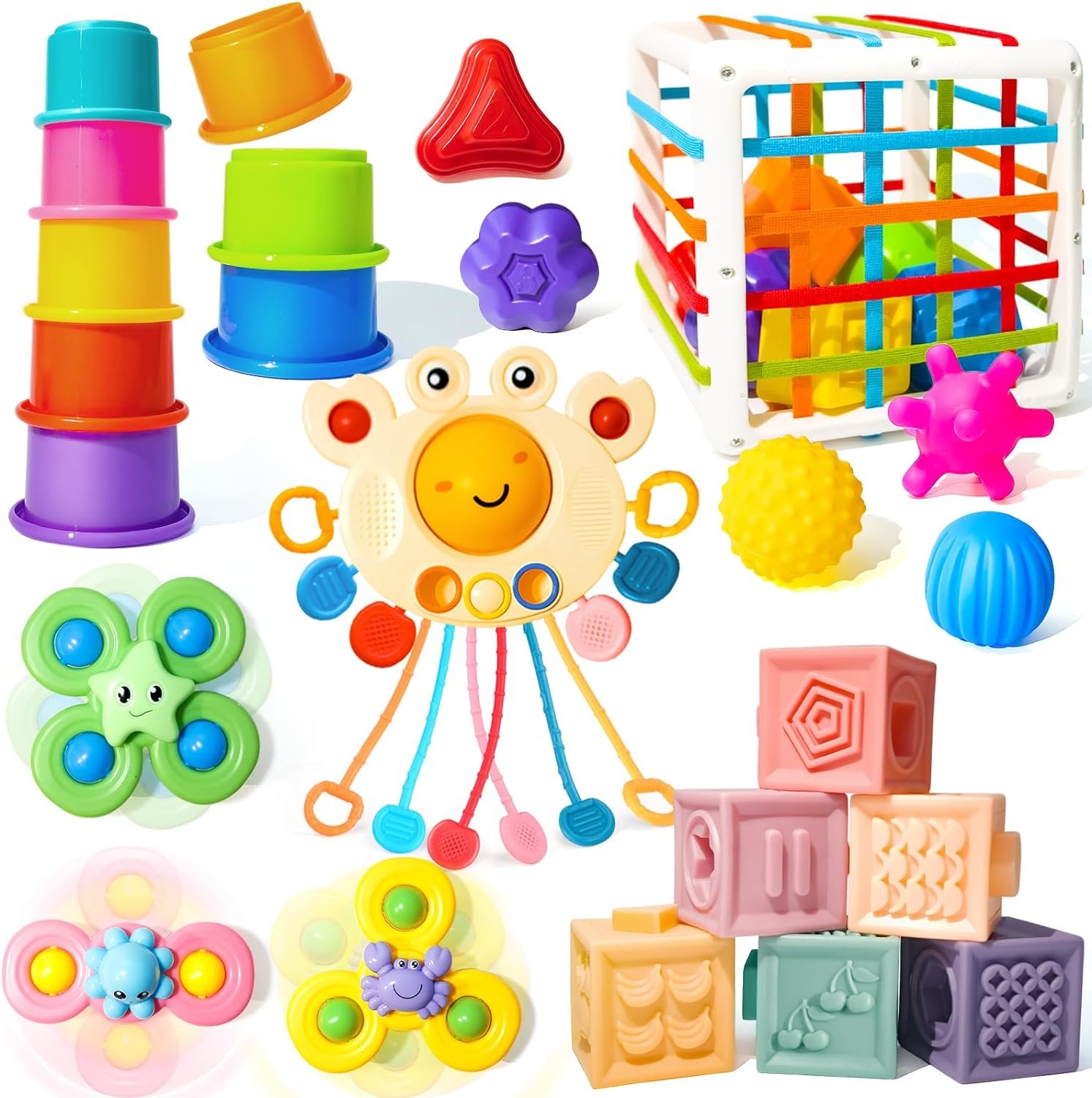 Montessori Toys for Babies 0-3-6-12 Months, 6 in 1 Baby Toys 4 5 6 7 8 9 Month Old, Baby Blocks Stacking Toys, Infant Baby Sensory Development Learning Toys Gifts for 1 2 3 Year Old Boys Girls