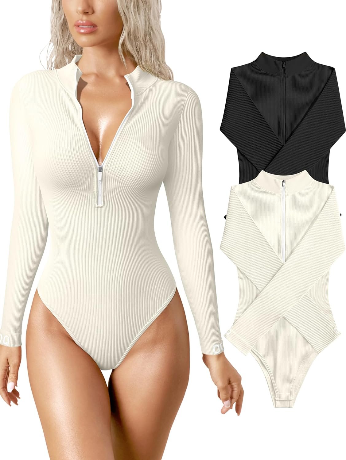OQQ Womens 2 Piece Bodysuits Sexy Ribbed One Piece Zip Front Long Sleeve Tops Bodysuits