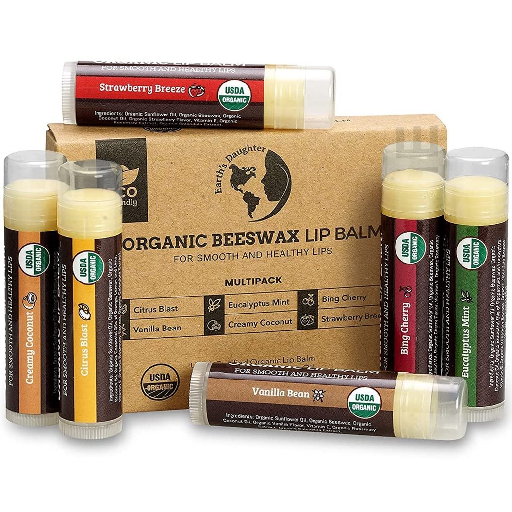 USDA Organic Lip Balm 6-Pack by Earths Daughter Stocking Stuffers - Fruit Flavors, Beeswax, Coconut Oil, Vitamin E - Best Lip Repair Chapstick for Dry Cracked Lips - Moisturizing Lip Care