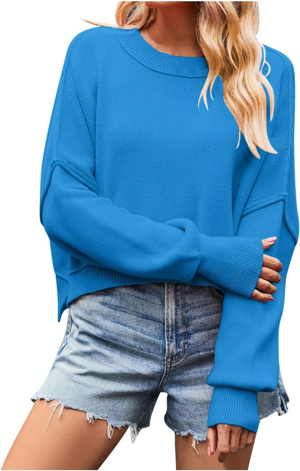 Womens Batwing Long Sleeve Sweater Oversized Pullover Tops Crew Neck Knit Sweaters Soft Ribbed Knitted Jumper