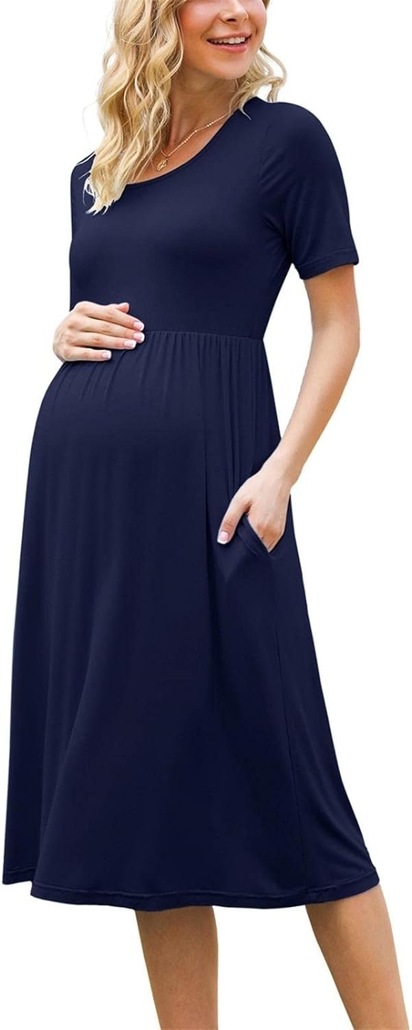 Xpenyo Womens Casual Short Sleeve Empire Waist Maternity Dress with Pockets