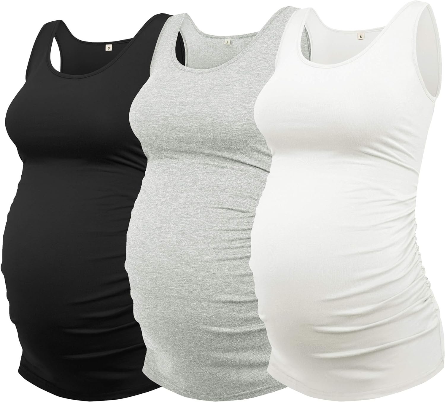 AMPOSH Womens Maternity Tank Top 3 Pack Ruched Side Sleeveless Pregnancy Basic Shirt