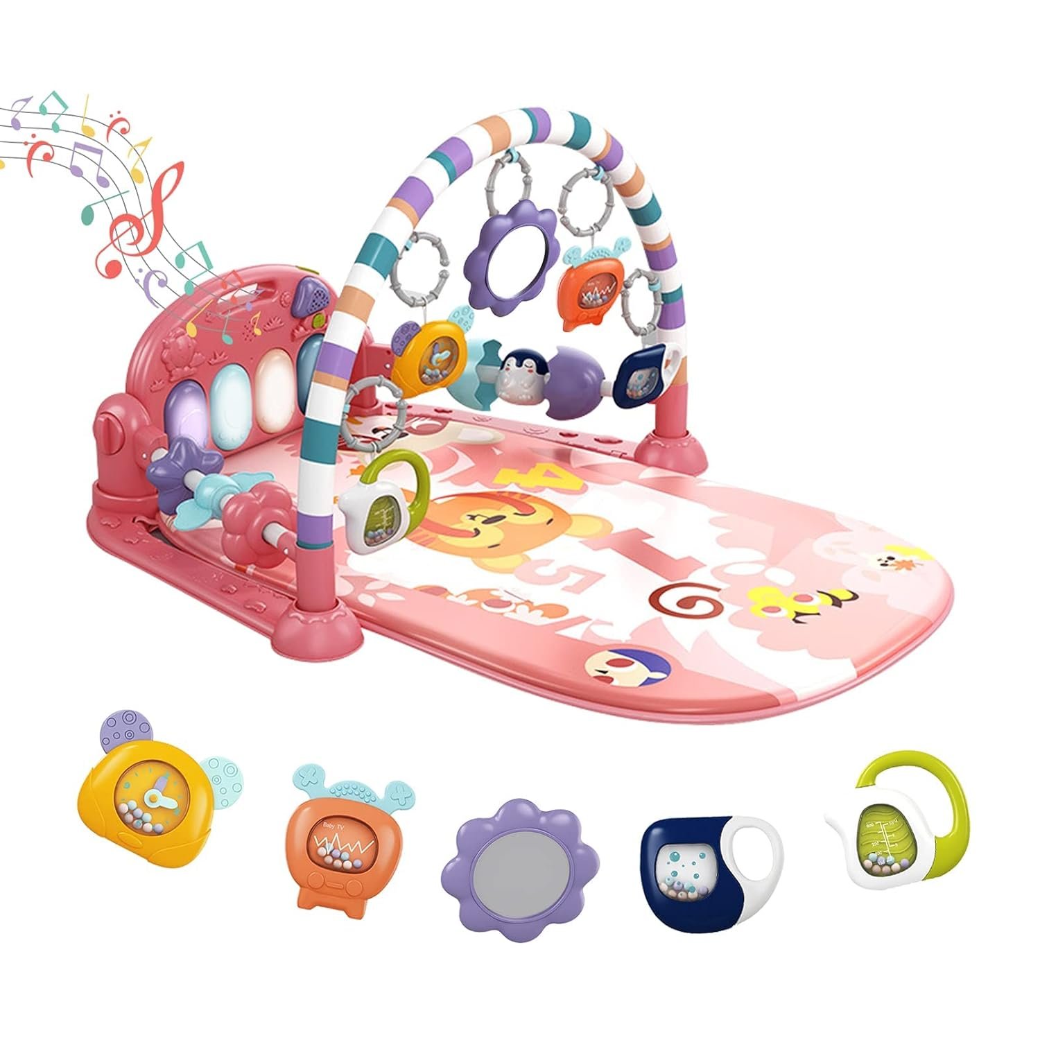 Baby Play Mat Baby Gym,Funny Play Piano Tummy Time Baby Activity Gym Mat with 5 Infant Learning Sensory Baby Toys, Music and Lights Boy  Girl Gifts for Newborn Baby 0 to 3 6 9 12 Months (Pink)