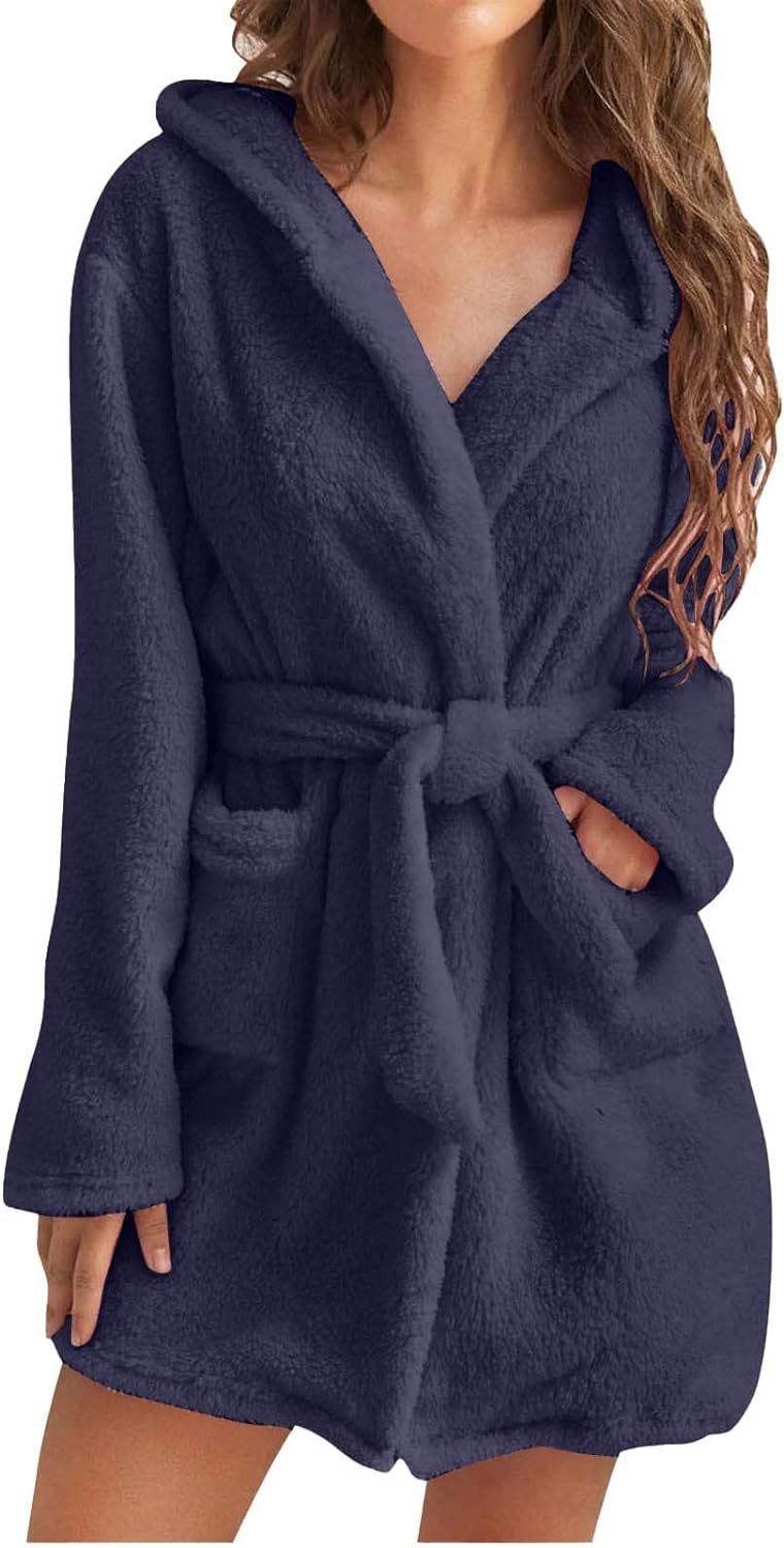 BNisBM Womens Plush Hooded Bathrobe Fleece Nightgown Sleepwear with Pockets Women Flannel Luxury Gown Bathrobe
