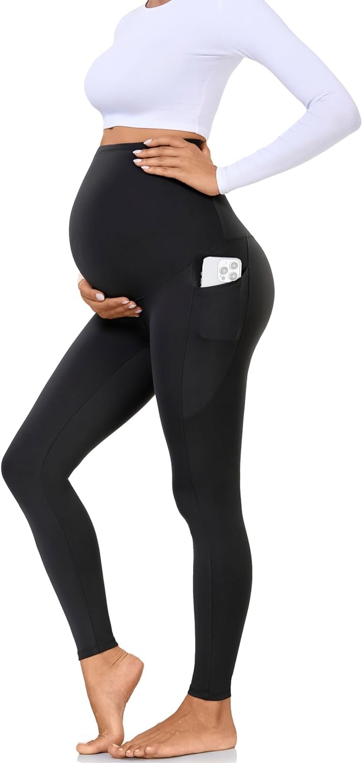 Hi Clasmix Maternity Leggings Over The Belly with Pockets-Super Soft Non-See-Through Workout Pregnancy Yoga Pants