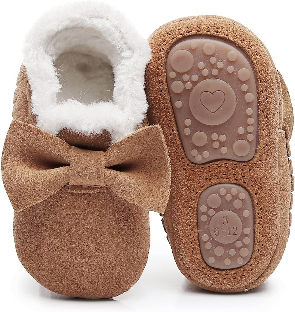 HONGTEYA Baby Moccasins with Fur Fleece Rubber Soles Warm Snow Boots Leather Baby Shoes for Boys Girls