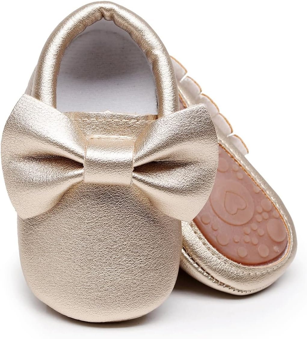 HONGTEYA Baby Moccasins with Rubber SoleSoft Sole - Flower Print PU Leather Tassel Bow Girls Ballet Dress Shoes for Toddler