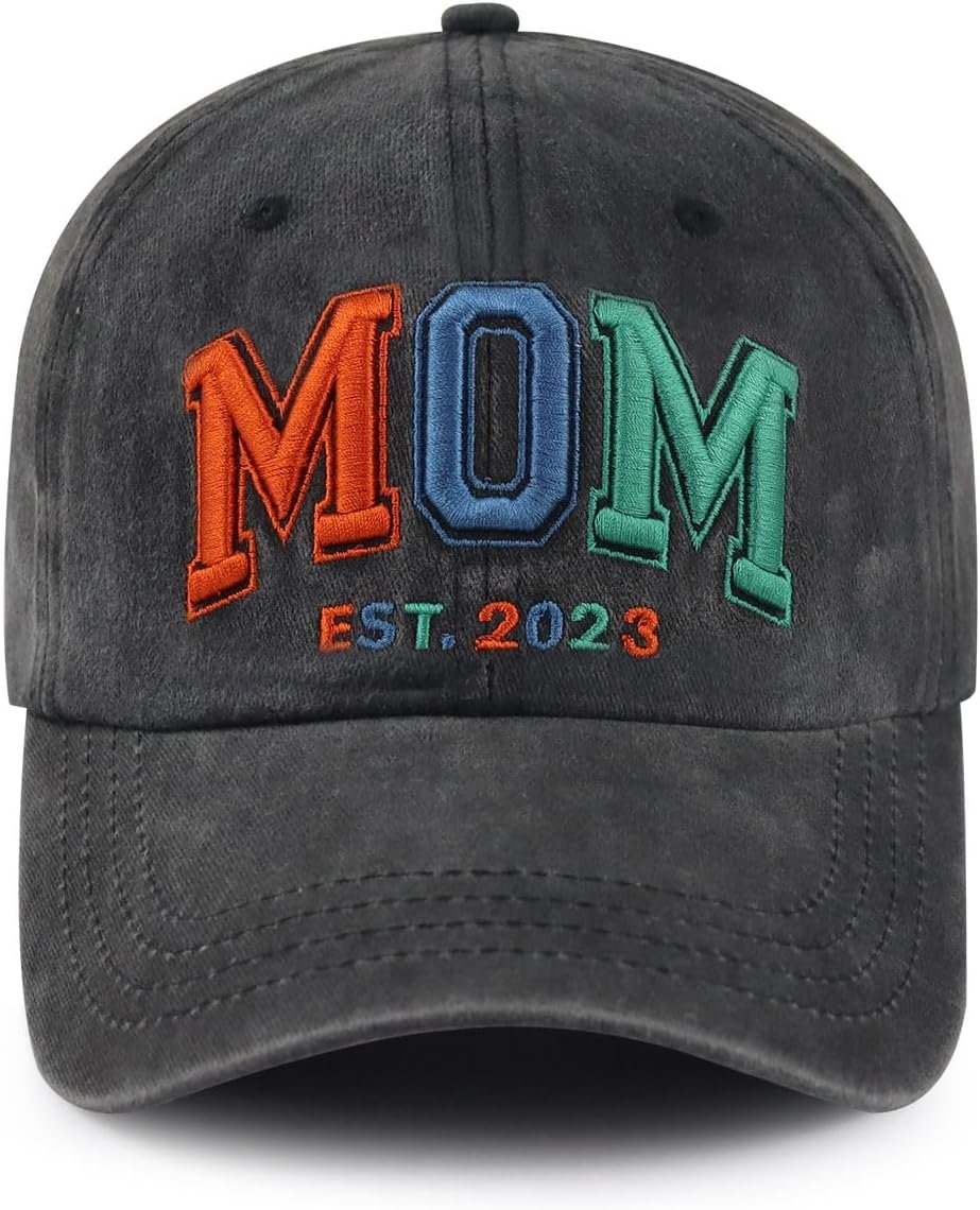 Kahhrepa Funny Mom Est 2023 Hat for Women, Adjustable Washed Cotton Embroidered Mama Baseball Cap