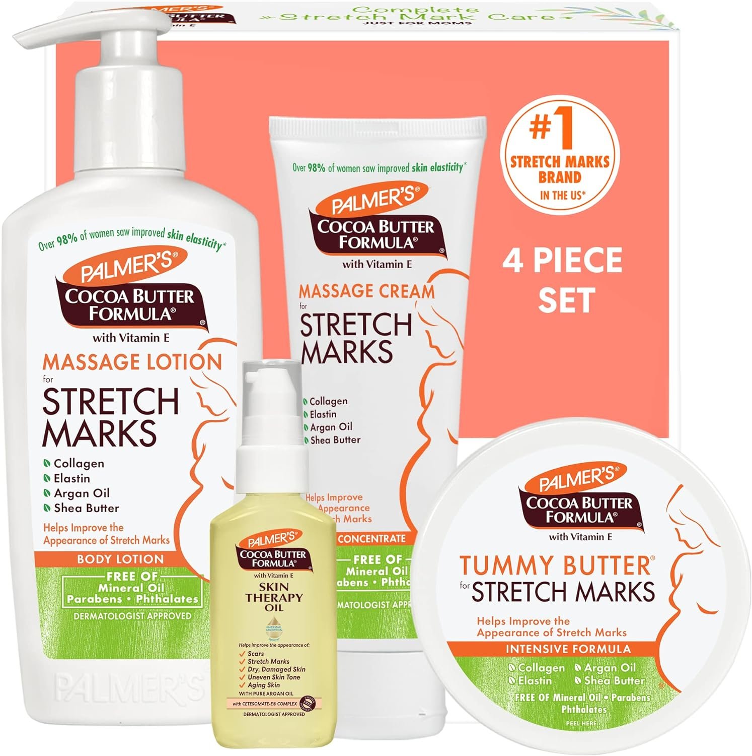 Palmers Cocoa Butter Formula Pregnancy Skin Care Kit for Stretch Marks and Scars, Dermatologist Approved, Gift for Mom to Be, 4 Piece Full Size Set