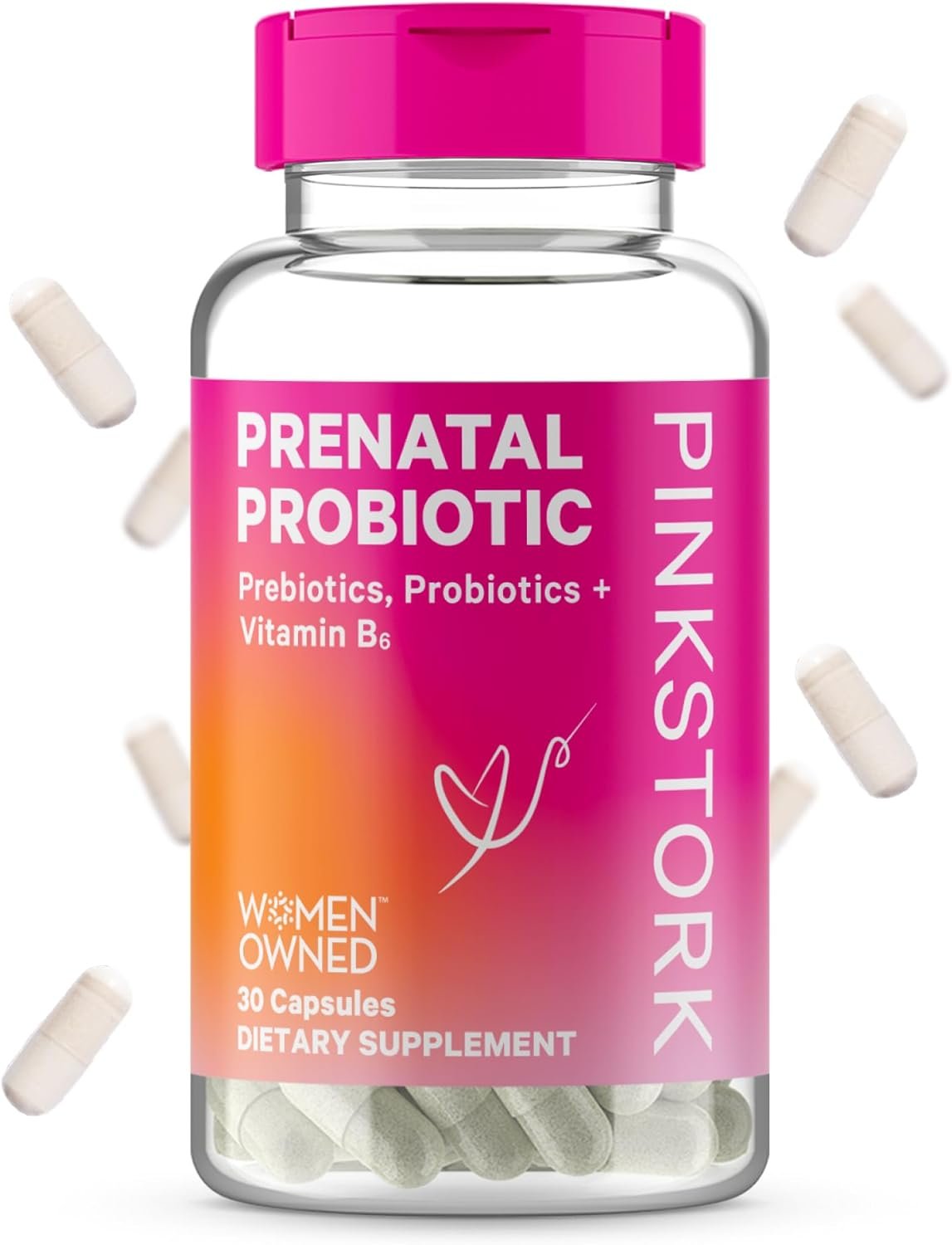 Pink Stork Prenatal Probiotics for Women, Pregnancy Probiotic with Prebiotics and Vitamin B6 for Morning Sickness, Digestion, and Gut Health - Pregnancy Must Haves, 30 Capsules