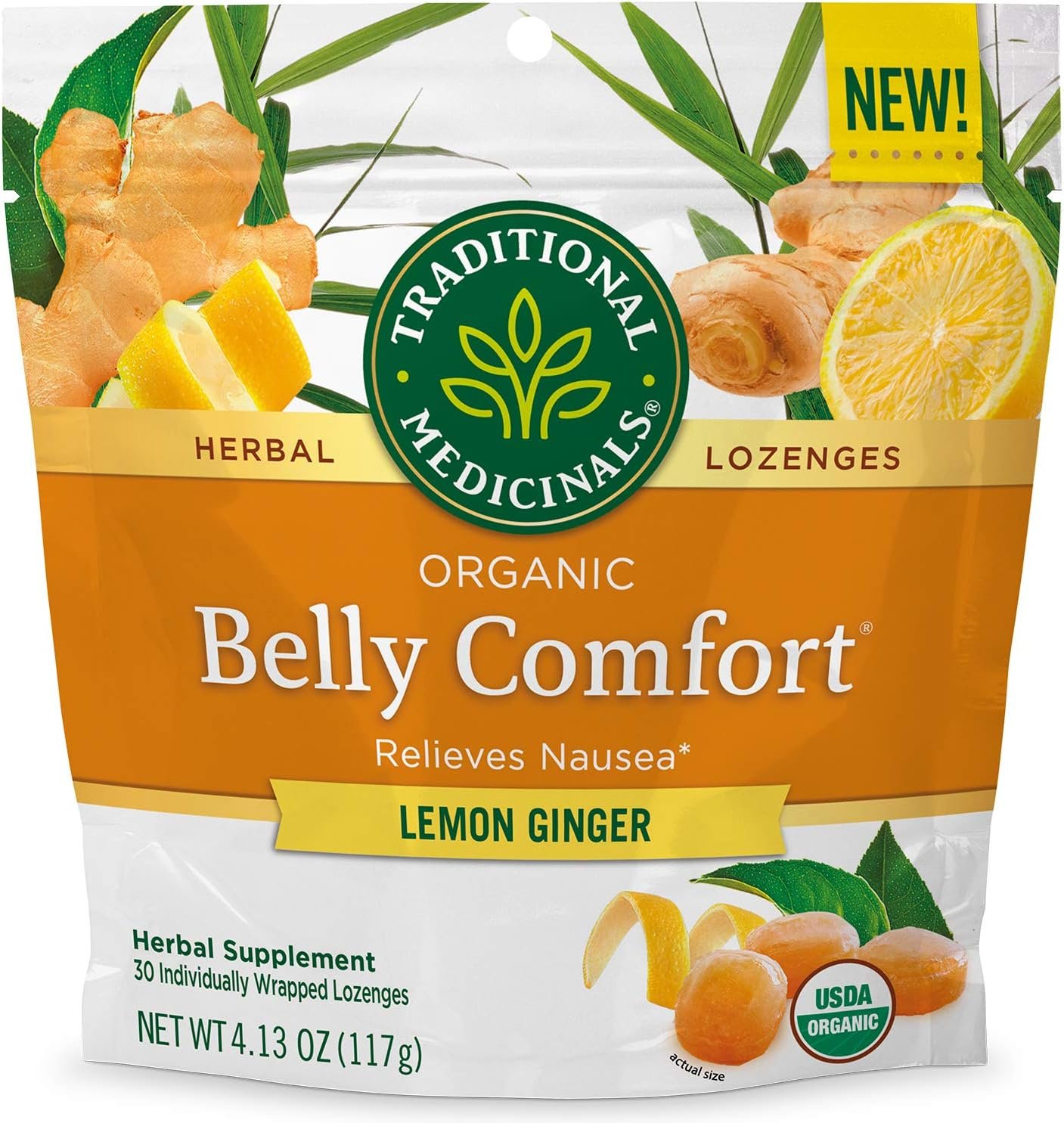 Traditional Medicinals Organic Belly Comfort Lemon Ginger Lozenges - Nausea Relief - 30 Count (Pack of 1)