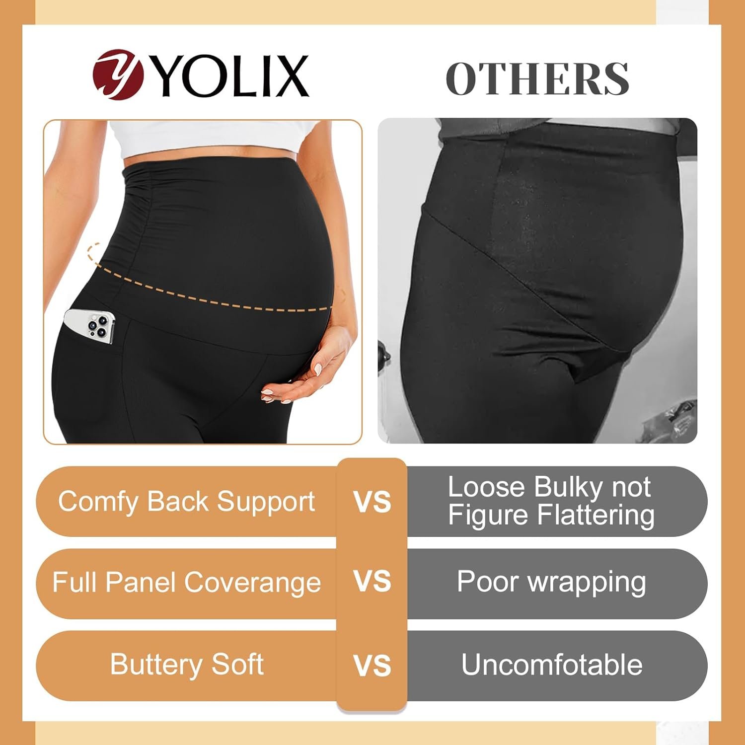 YOLIX Maternity Leggings Over The Belly with Pockets, Womens Black Workout Pregnancy Yoga Pants