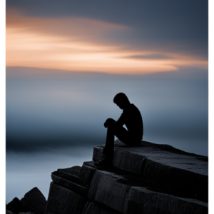 An image of a solitary teen sitting at the edge of a grey, desolate cliff, their head bowed down with heavy thoughts