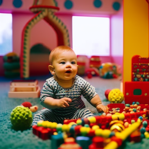 An image showcasing a colorful playroom filled with various tactile toys, soft cushions, and a baby happily exploring a sensory wall adorned with different textures and mirrors, stimulating their senses and promoting sensory engagement
