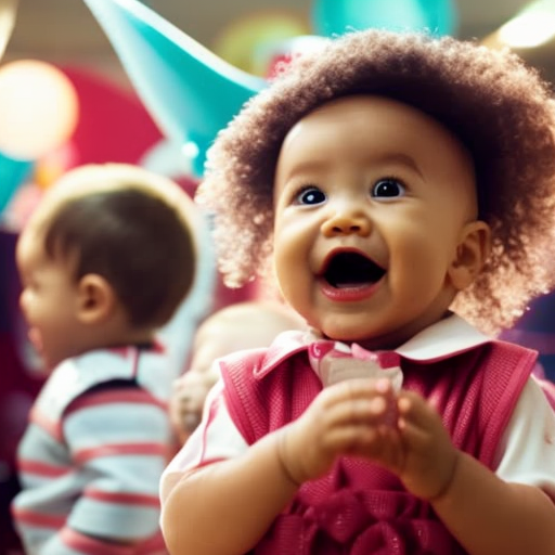 An image of a joyful baby surrounded by a diverse group of children, engaged in interactive play