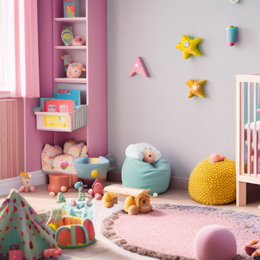  Design an image showcasing a nursery with soft, pastel walls adorned with visually stimulating artwork, a cozy reading nook with plush cushions, and a dedicated sensory play area with colorful toys, all promoting a calm and engaging environment for babies with ADHD