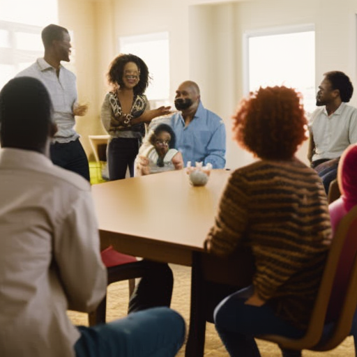 An image showcasing a diverse group of parents sitting in a circle, engaging in a support group session with a professional facilitator