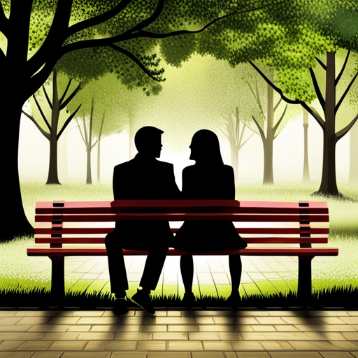 An image of two teenagers sitting on a park bench, facing each other, with a visible line drawn between them