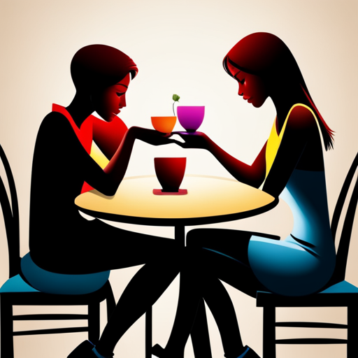 An image capturing the essence of effective communication in adolescent dating, depicting two young individuals sitting face-to-face at a table, engrossed in conversation, their body language displaying active listening and genuine engagement