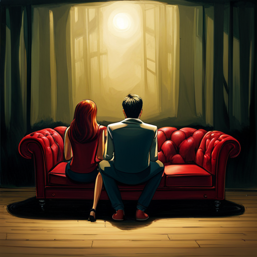 An image depicting a dimly lit room with a teenage couple sitting on a couch