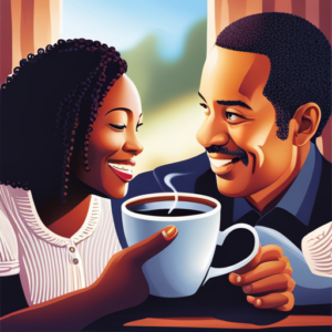 An image showcasing two diverse adults engaged in a meaningful conversation, their faces illuminated by warm sunlight streaming through a cozy cafe window