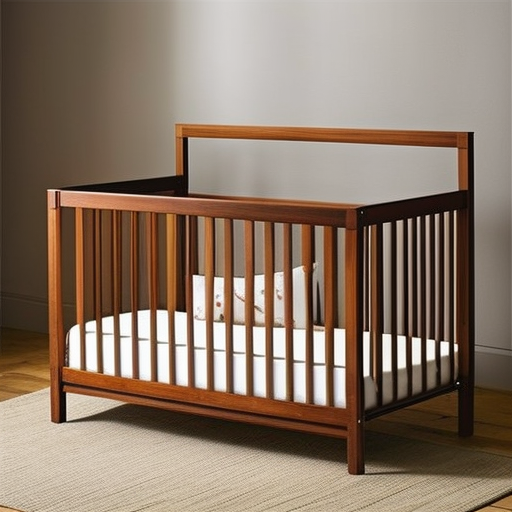 An image of a sturdy, low-to-the-ground wooden crib with a non-toxic, lead-free finish