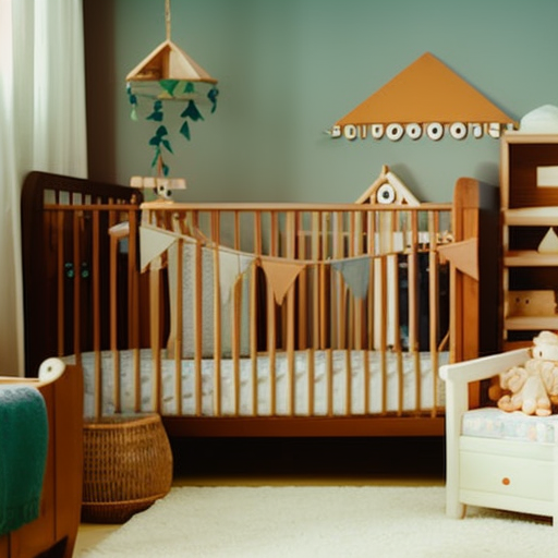 An image showcasing a cozy nursery with a beautiful, sturdy wooden crib adorned with soft bedding and a mobile above