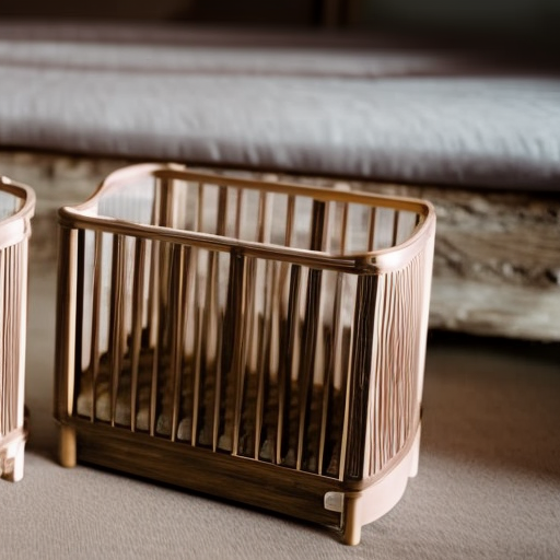 An image showcasing two contrasting cribs side by side; one made of sturdy, natural wood with intricate carvings, and the other constructed from sleek, lightweight metal with a modern design