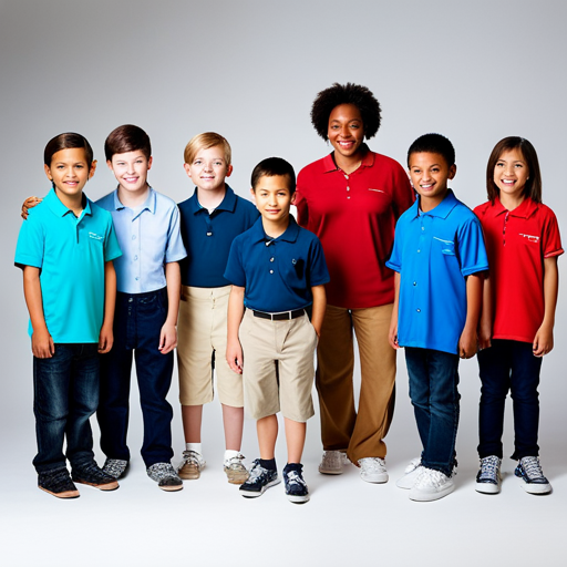 An image of a diverse group of children wearing different clothing sizes, surrounded by a variety of size charts
