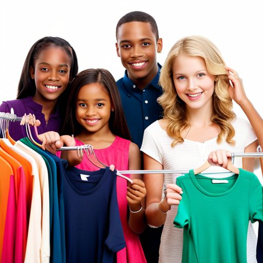 An image featuring a diverse group of children happily browsing through a neatly organized rack of discounted clothes